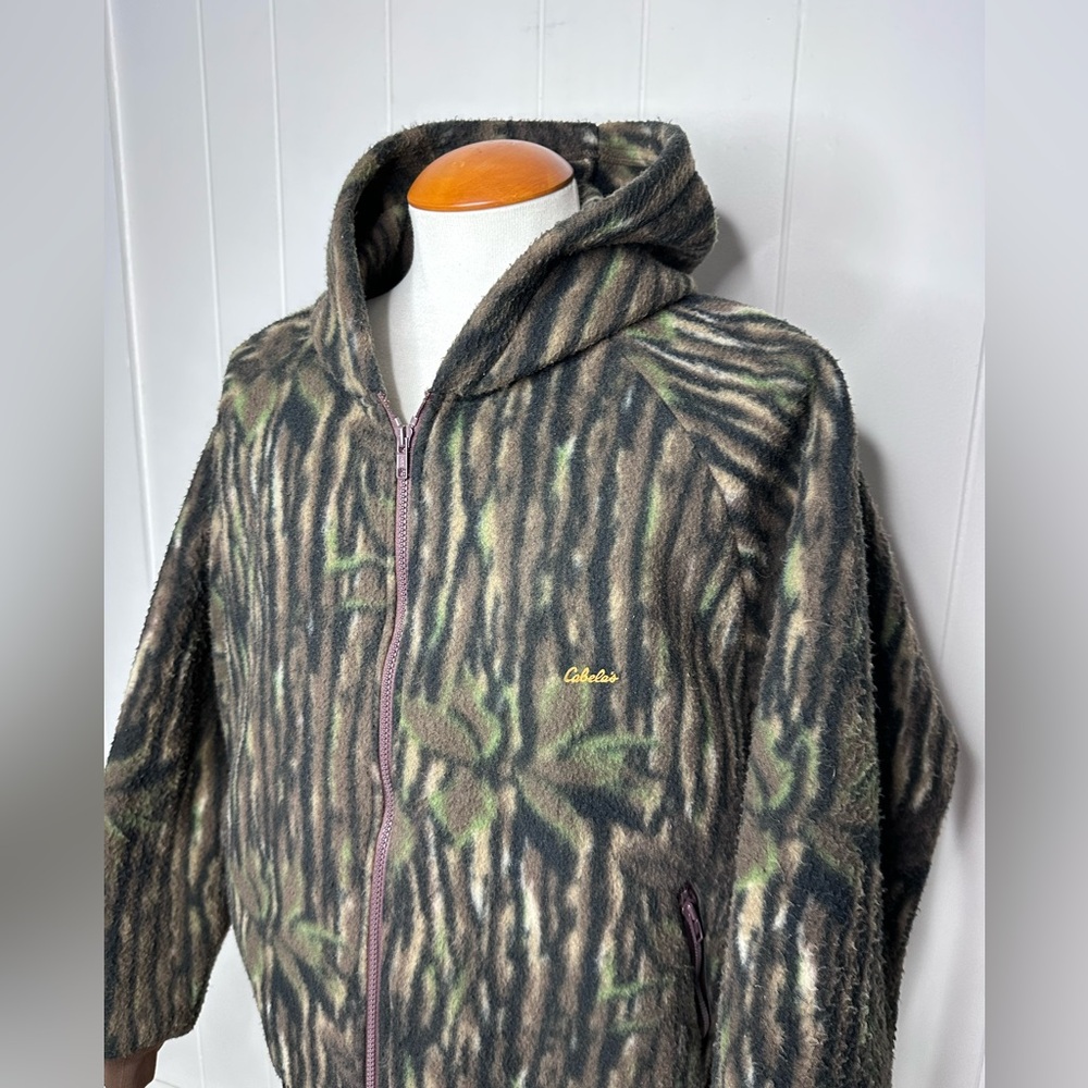Vintage Cabelas 80’s Tree Bark Camo Full Zip Fleece Jacket w/ Hood - Picture 4 of 12